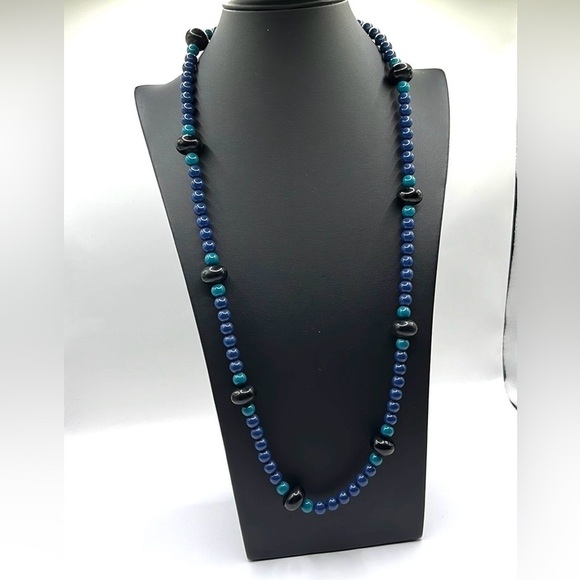 Trifari Beaded Necklace 30” Length Blue Black and Turquoise Blue Beaded Necklace - Picture 2 of 13